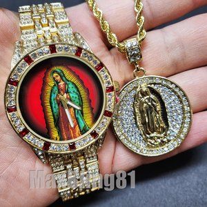 MEN'S ICED GOLD PT OUR LADY GUADALUPE DIAL METAL WATCH & HIP HOP NECKLACE SET